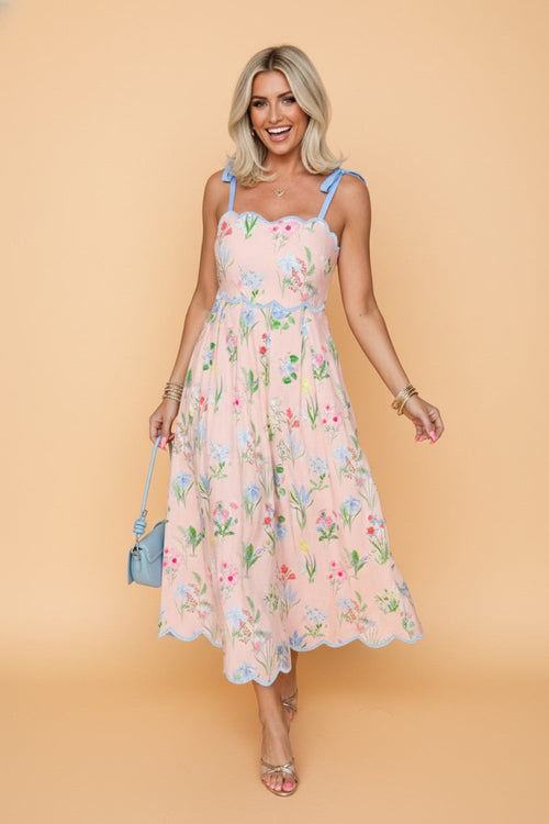 Pink Floral Print Contrast Trim Self-tie Straps High Waist Midi Dress