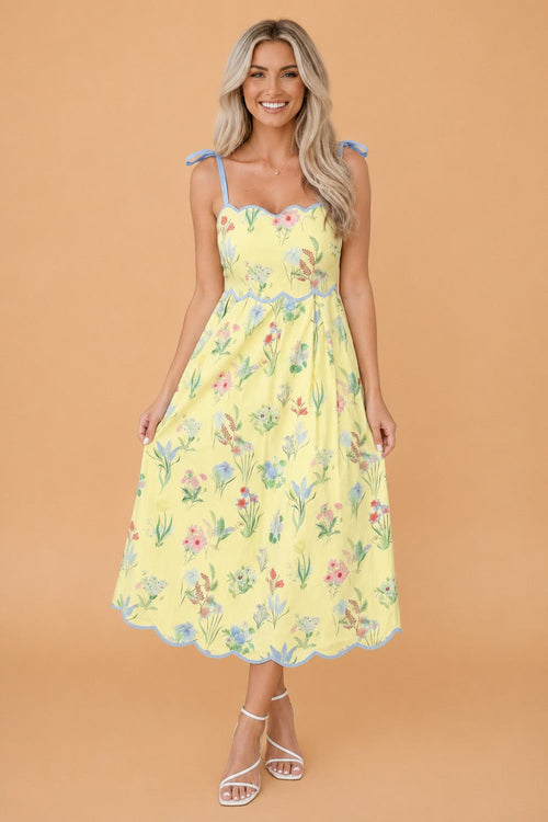 Pink Floral Print Contrast Trim Self-tie Straps High Waist Midi Dress