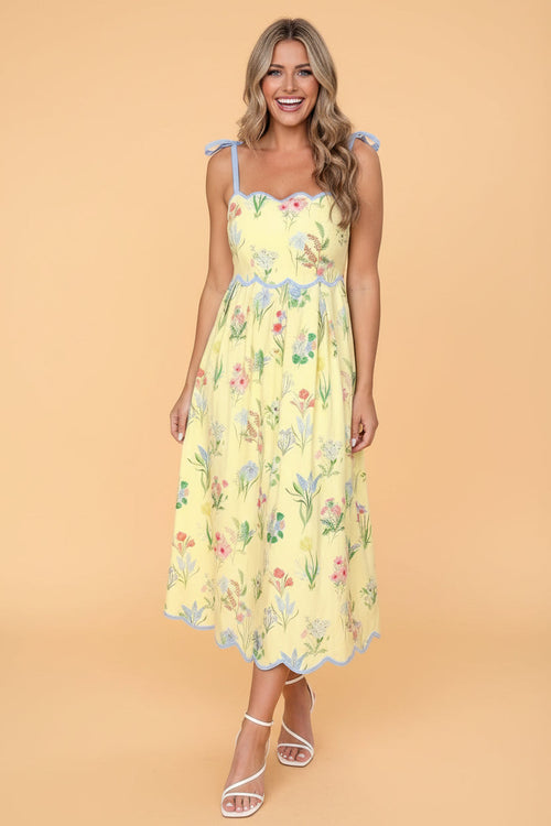 Pink Floral Print Contrast Trim Self-tie Straps High Waist Midi Dress