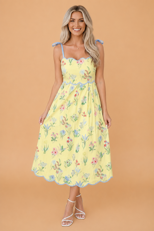 Pink Floral Print Contrast Trim Self-tie Straps High Waist Midi Dress