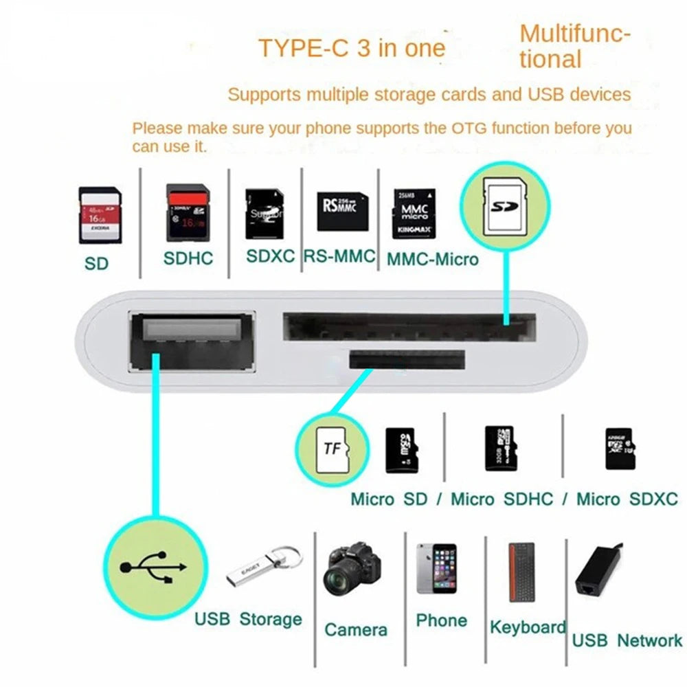 3 in 1 USB Converter Multi Port HUB Adapter TF CF SD Memory Card