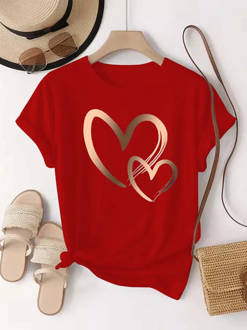 Summer New Fashion Women's Heart Printed T-shirt Trendy Casual Round