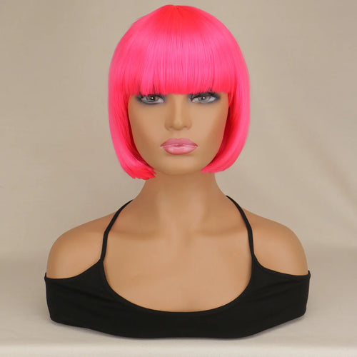Short Bob Wig With Bangs Synthetic Wigs For Women Black Blonde Pink