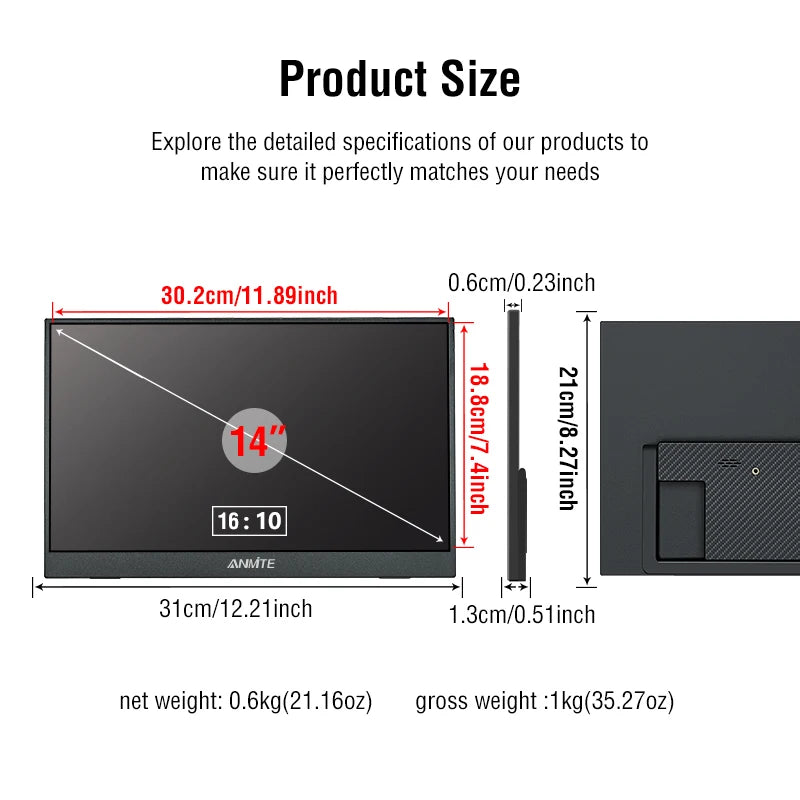 14 Inch Portable  Touch Monitor Non-touch optional 16:10 400cd/m2
