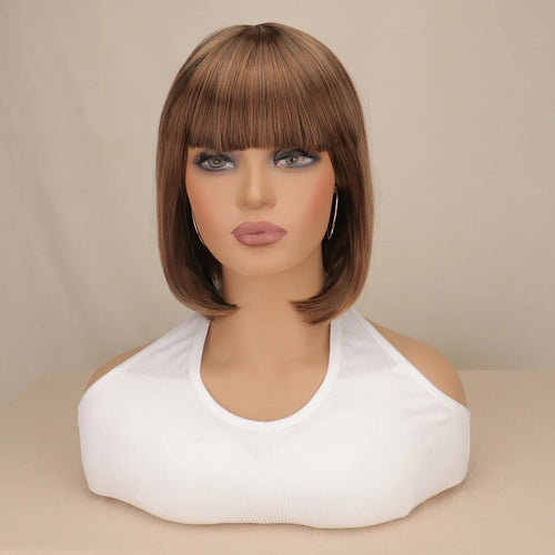 Short Bob Wig With Bangs Synthetic Wigs For Women Black Blonde Pink