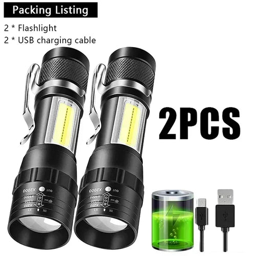 Portable Rechargeable LED Flashlight with Pen Clip Zoomable Waterproof