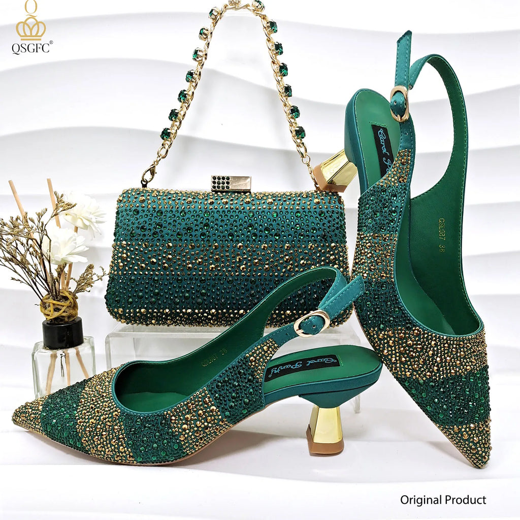QSGFC Nigerian Women Heel Party Ladies Italian Design Green Shoes And