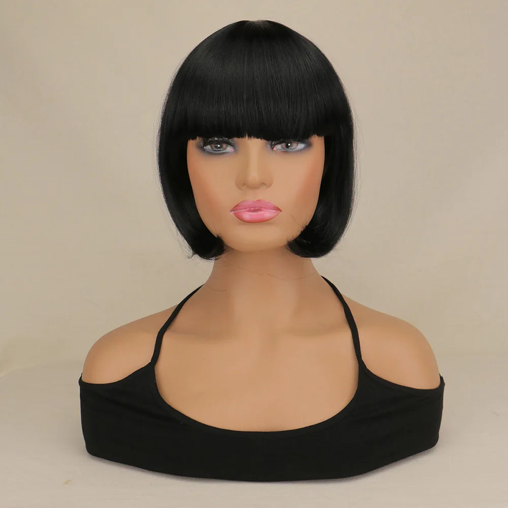 Short Bob Wig With Bangs Synthetic Wigs For Women Black Blonde Pink