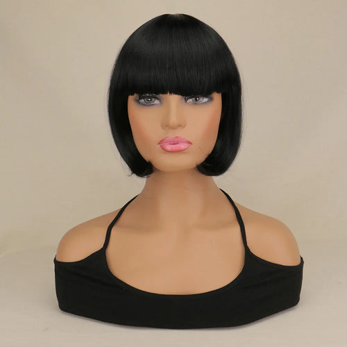 Short Bob Wig With Bangs Synthetic Wigs For Women Black Blonde Pink