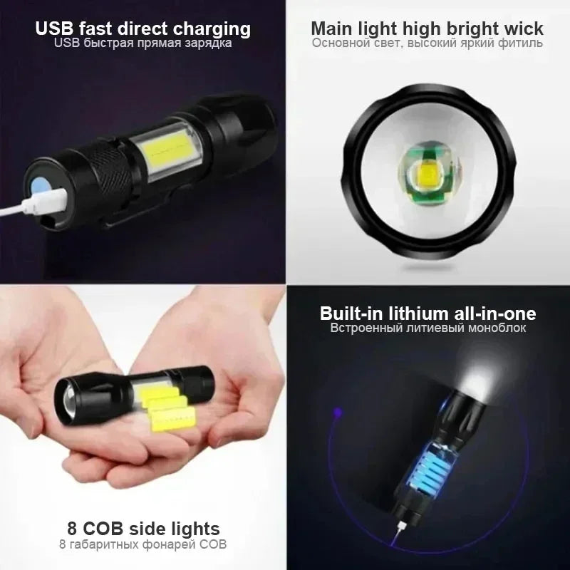 Portable Rechargeable LED Flashlight with Pen Clip Zoomable Waterproof