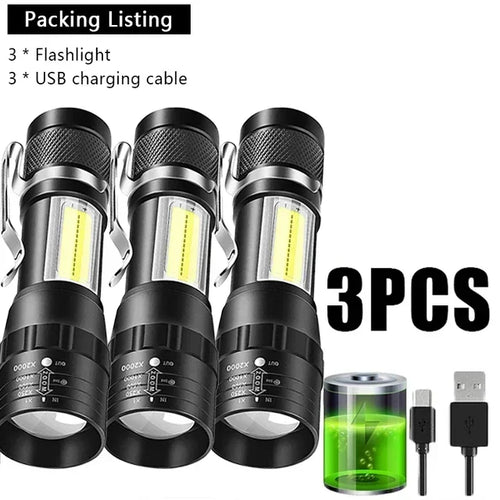 Portable Rechargeable LED Flashlight with Pen Clip Zoomable Waterproof