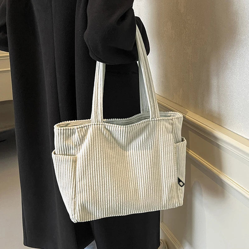 Basic Vertical Striped Corduroy Shoulder Bag Soft Fabric Casual Tote,