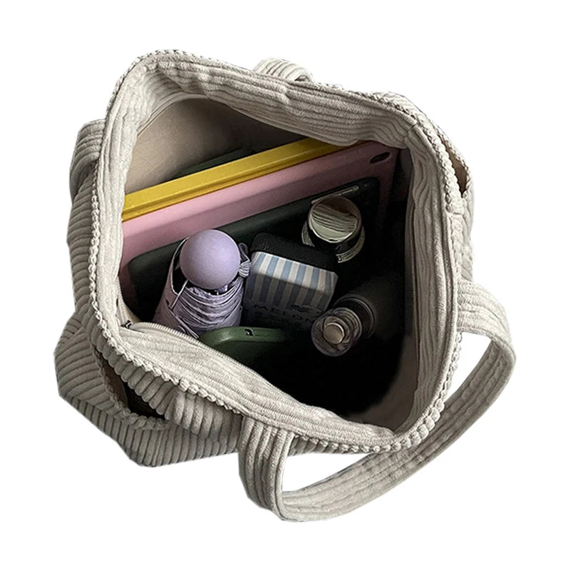 Basic Vertical Striped Corduroy Shoulder Bag Soft Fabric Casual Tote,