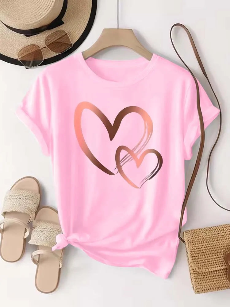 Summer New Fashion Women's Heart Printed T-shirt Trendy Casual Round