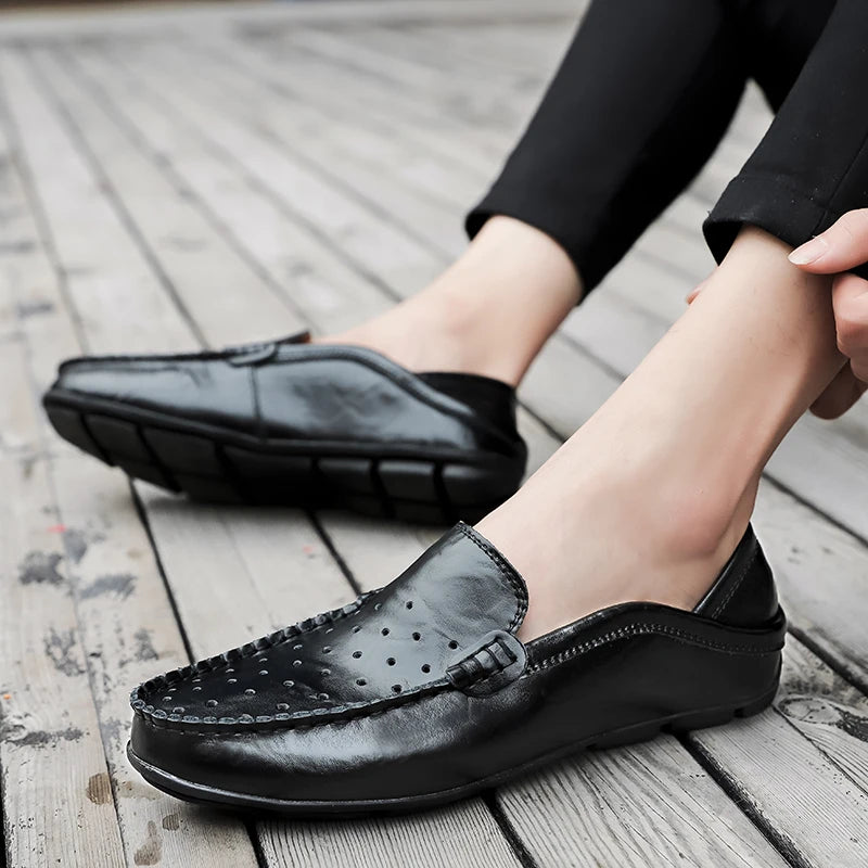 Men Leather Shoes Casual Hollow Mens Loafers Moccasins Designer Slip
