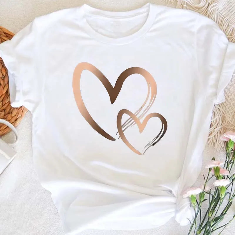 Summer New Fashion Women's Heart Printed T-shirt Trendy Casual Round