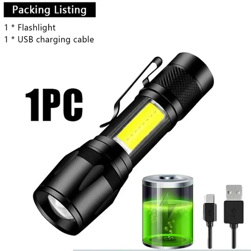 Portable Rechargeable LED Flashlight with Pen Clip Zoomable Waterproof