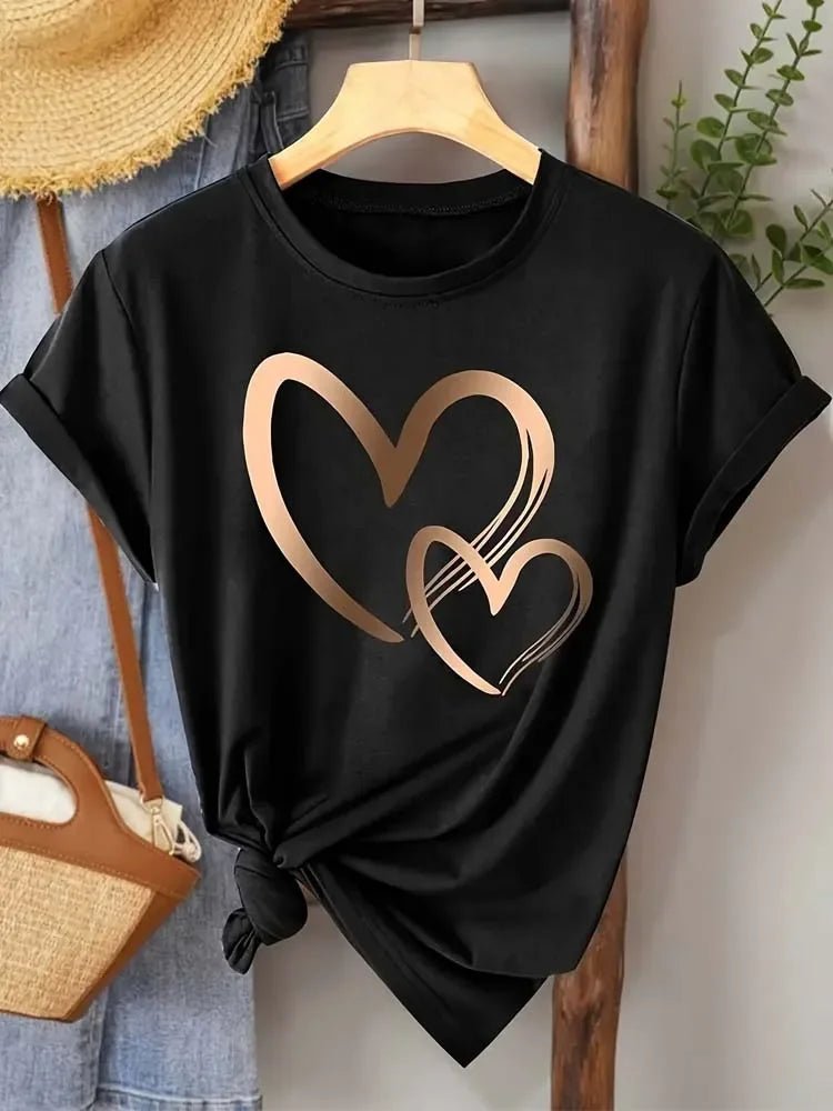 Summer New Fashion Women's Heart Printed T-shirt Trendy Casual Round