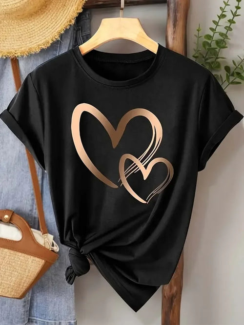 Summer New Fashion Women's Heart Printed T-shirt Trendy Casual Round