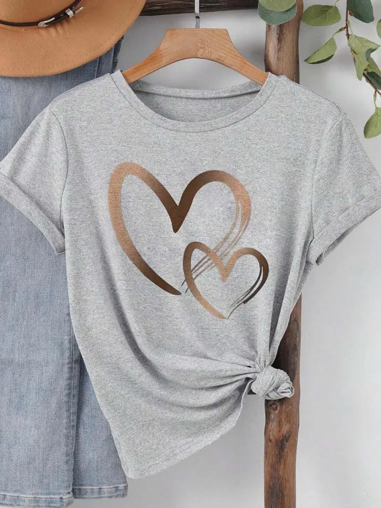 Summer New Fashion Women's Heart Printed T-shirt Trendy Casual Round