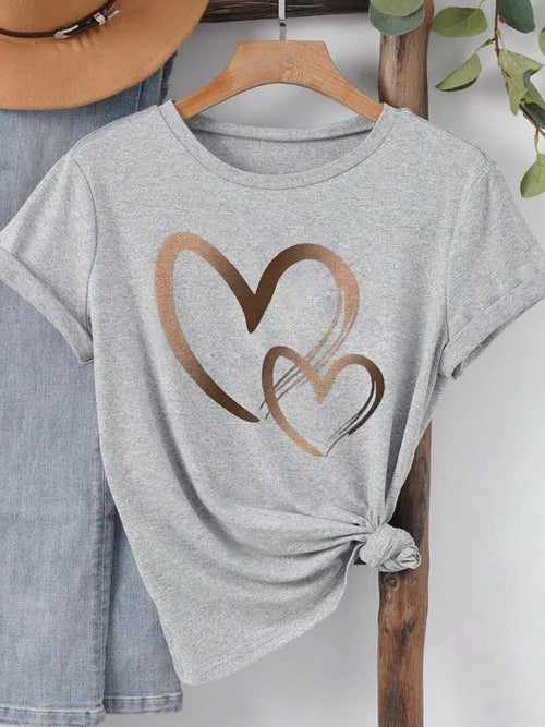 Summer New Fashion Women's Heart Printed T-shirt Trendy Casual Round