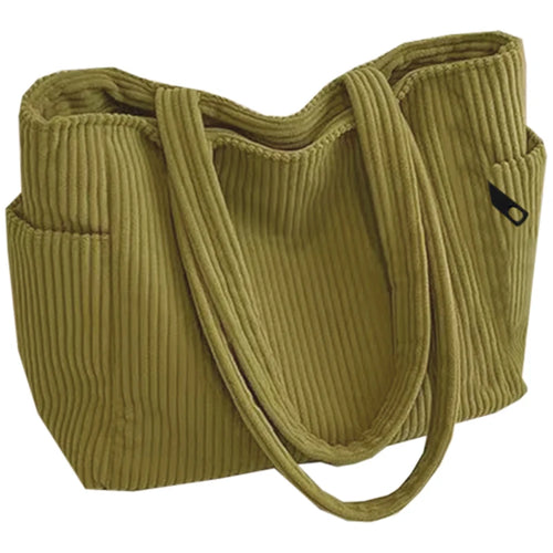 Basic Vertical Striped Corduroy Shoulder Bag Soft Fabric Casual Tote,