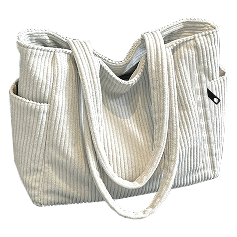 Basic Vertical Striped Corduroy Shoulder Bag Soft Fabric Casual Tote,