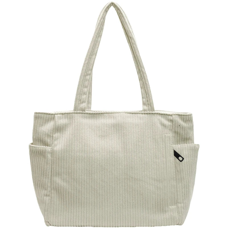 Basic Vertical Striped Corduroy Shoulder Bag Soft Fabric Casual Tote,