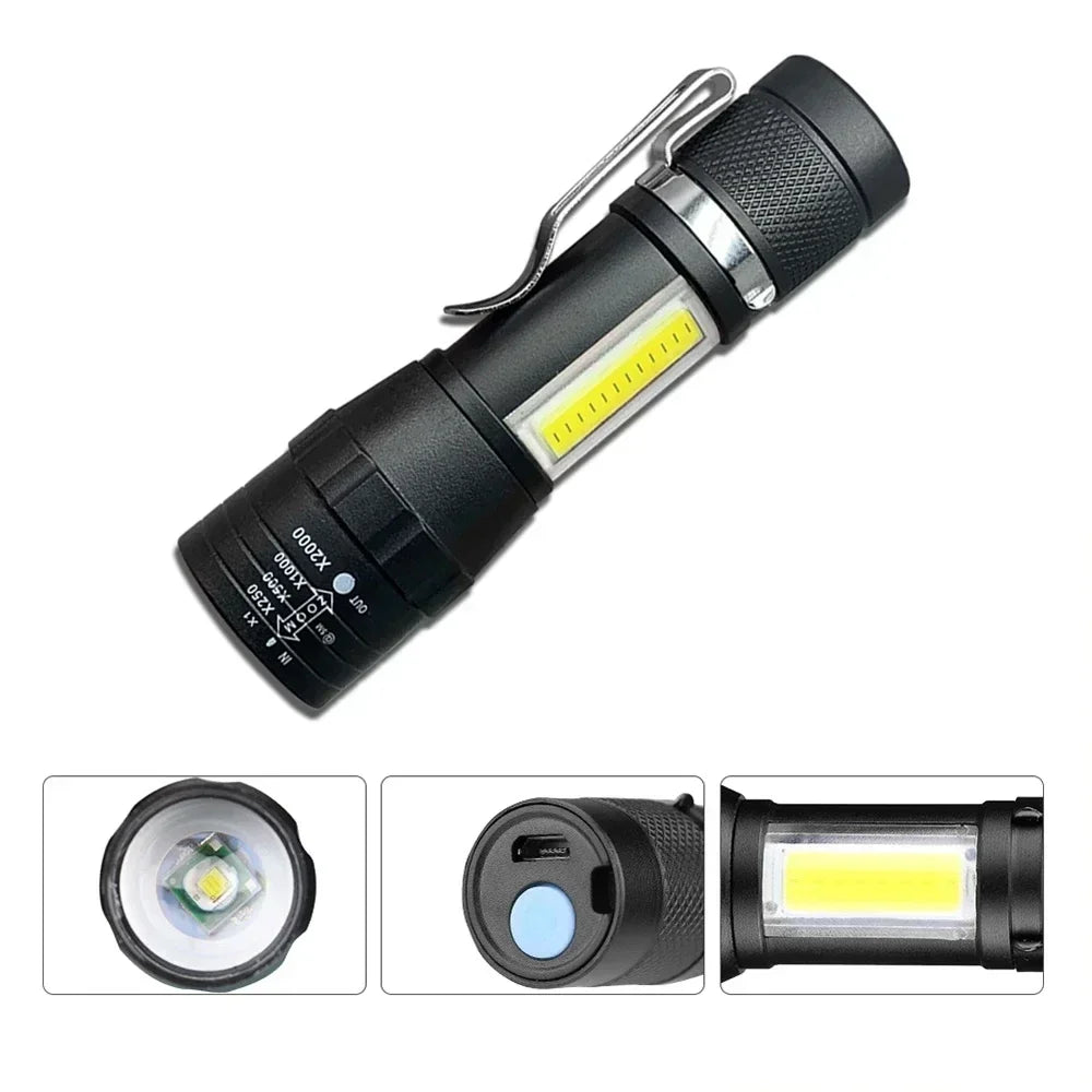 Portable Rechargeable LED Flashlight with Pen Clip Zoomable Waterproof