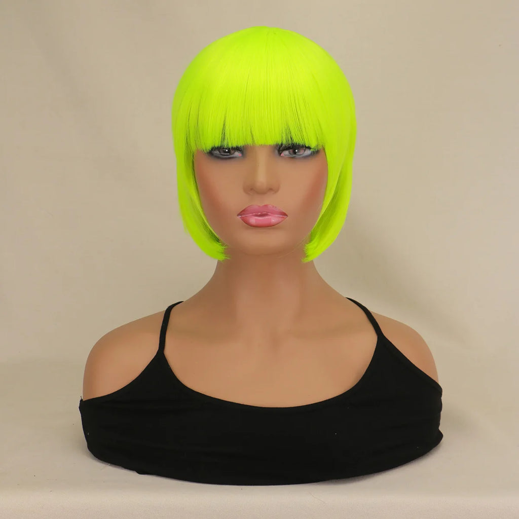 Short Bob Wig With Bangs Synthetic Wigs For Women Black Blonde Pink