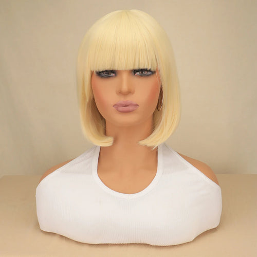 Short Bob Wig With Bangs Synthetic Wigs For Women Black Blonde Pink