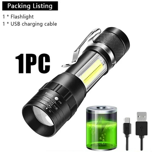 Portable Rechargeable LED Flashlight with Pen Clip Zoomable Waterproof