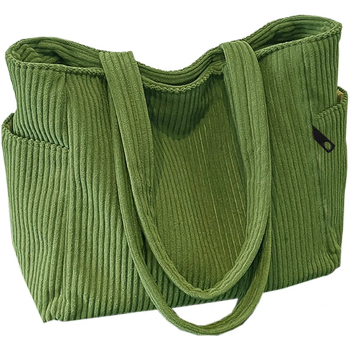 Basic Vertical Striped Corduroy Shoulder Bag Soft Fabric Casual Tote,