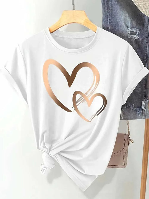 Summer New Fashion Women's Heart Printed T-shirt Trendy Casual Round