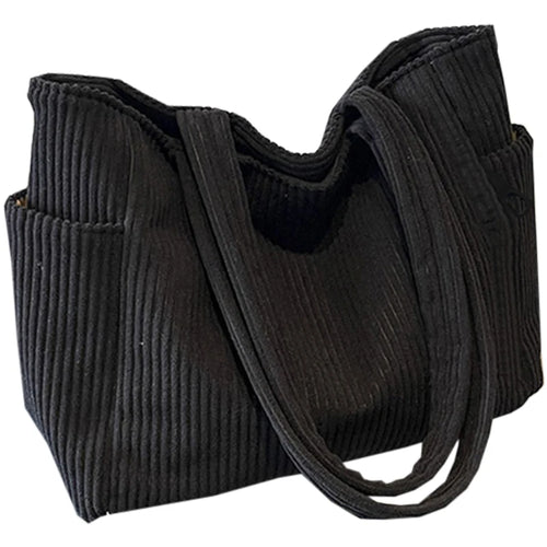 Basic Vertical Striped Corduroy Shoulder Bag Soft Fabric Casual Tote,