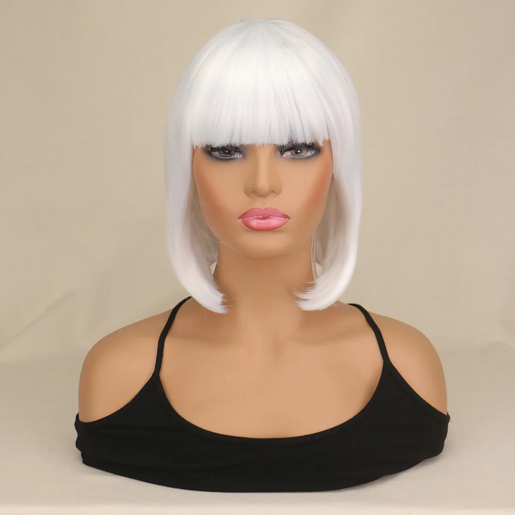Short Bob Wig With Bangs Synthetic Wigs For Women Black Blonde Pink