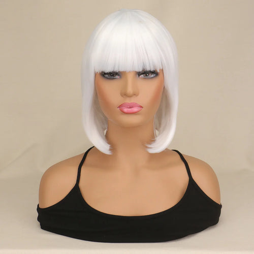 Short Bob Wig With Bangs Synthetic Wigs For Women Black Blonde Pink