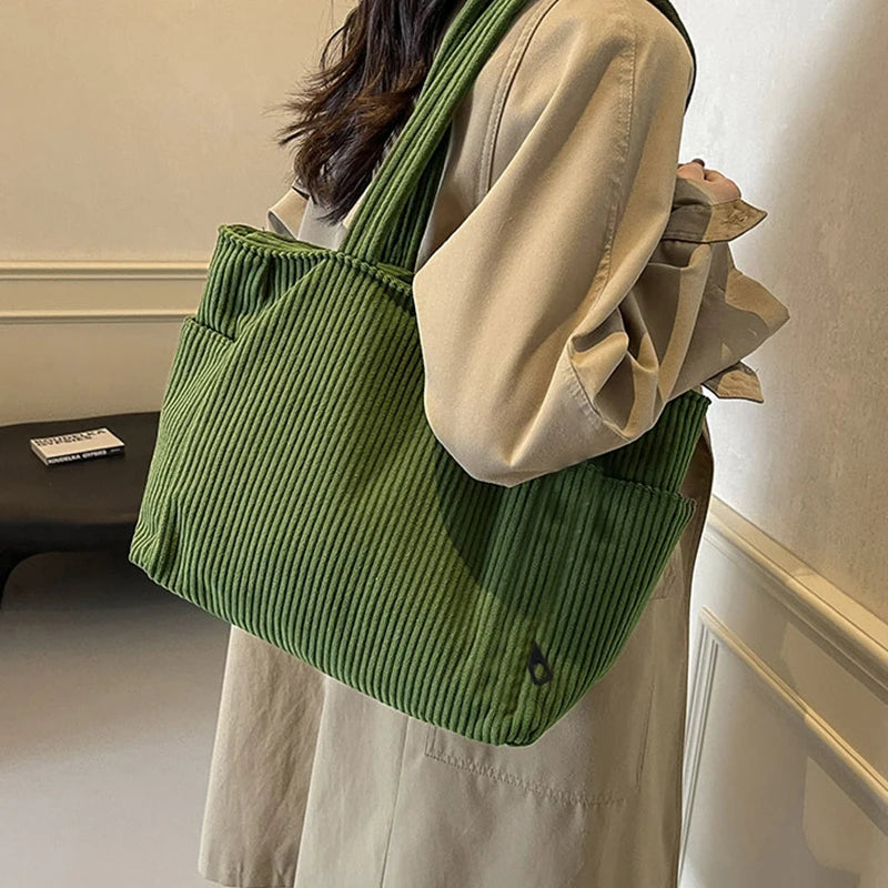 Basic Vertical Striped Corduroy Shoulder Bag Soft Fabric Casual Tote,