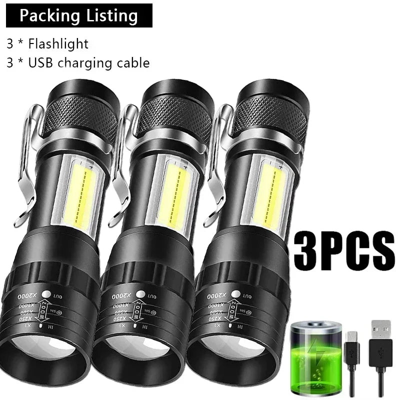 Portable Rechargeable LED Flashlight with Pen Clip Zoomable Waterproof