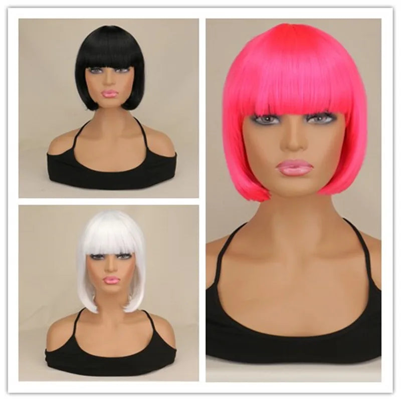 Short Bob Wig With Bangs Synthetic Wigs For Women Black Blonde Pink