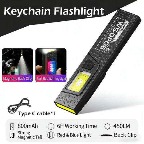 Powerful Mini COB LED Keychain Flashlight USB C Rechargeable Hanging