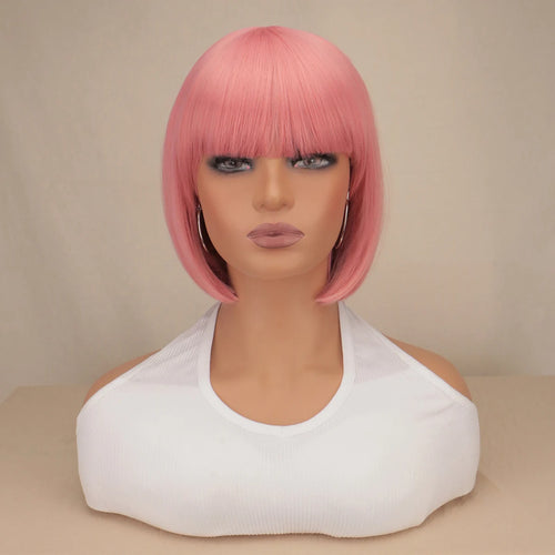 Short Bob Wig With Bangs Synthetic Wigs For Women Black Blonde Pink
