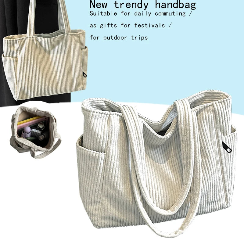 Basic Vertical Striped Corduroy Shoulder Bag Soft Fabric Casual Tote,