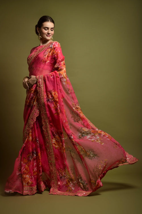 Floral Print Saree with Scalloped Border