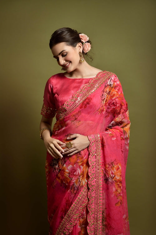 Floral Print Saree with Scalloped Border